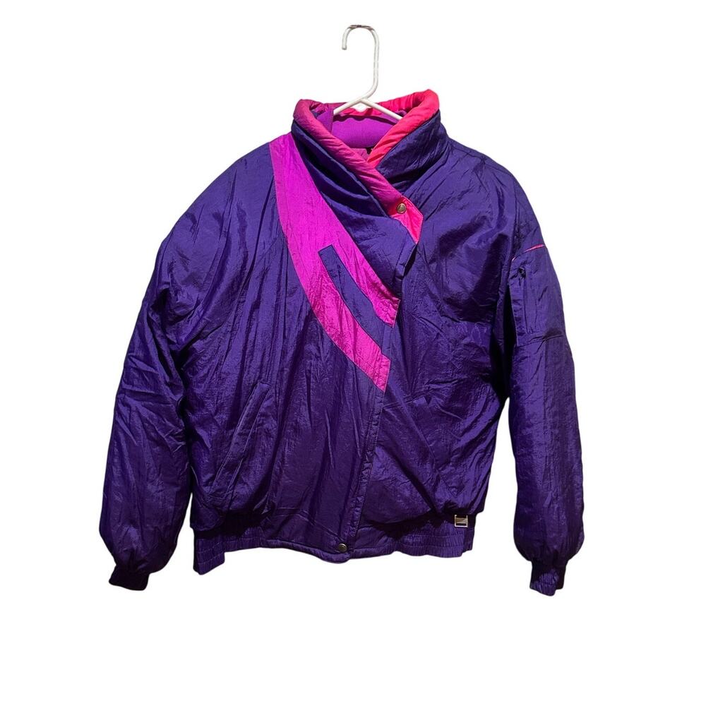 Vintage Liberty Bell Purple Down Puffer Ski Jacket Women Size XL Snap Button Zip